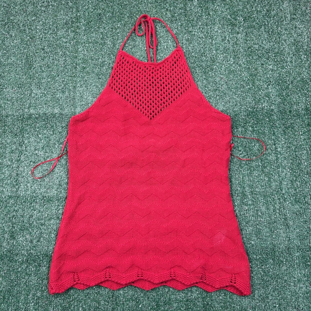 Y2K Candie's Halter Top Tank Red Knit Chevron Scalloped Hem Size M